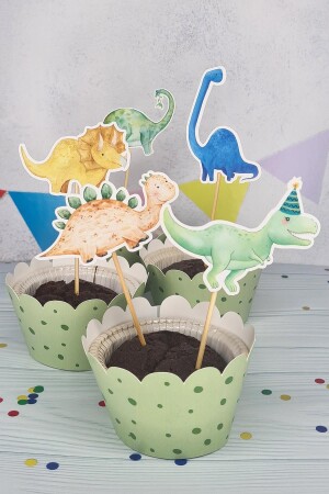 Dinozor Konsept Kürdan Süsleri Cupcake Süsleri Lüks Büyük Boy 10lu Paket - 1