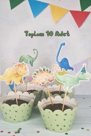 Dinozor Konsept Kürdan Süsleri Cupcake Süsleri Lüks Büyük Boy 10lu Paket - 3