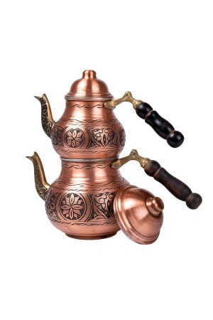 Dmt Gaziantep Kupfer-Teekannen-Set, schwer bestickt, Boden: 12 cm, Oberseite: 9 cm, Gesamt: 1,5 l, Holzgriff DMT-19126 - 1