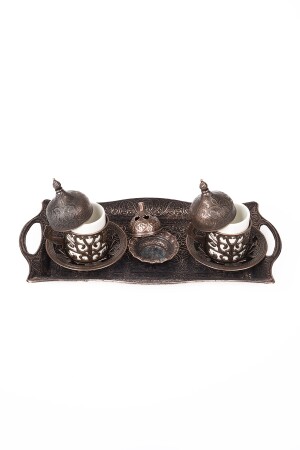 Dmt Gaziantep Kupfer-Zamak-Guss-Tassenset aus antikem Kupfer für 2 Personen (Tablett 27 cm) DMT-19068 - 1