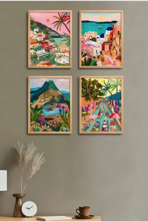 Doğal Ahşap Çerçeveli 4'lü Tablo Seti D-023 - Homepack