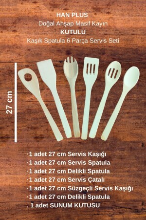 Doğal Ahşap Masif Kayın Tahta Kaşık Spatula Servis Seti – Kutulu 6 Parça HNPLS48 - 7