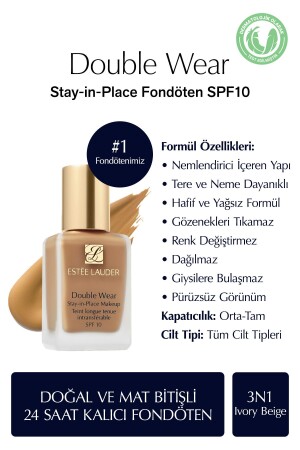 Doğal ve Mat Bitişli - Double Wear Stay-in-Place Fondöten SPF 10 ( 3N1 Ivory Beige ) - 30 ml - 1