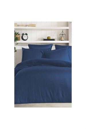 Doppelbett-Bettbezug aus Baumwollsatin, gestreift, Satin-Bettbezug-Set aus 100 % Baumwolle, 200 x 220, Marineblau N441 - 1