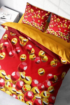 Doppelbett-Bettbezug-Set, eng gewebter Baumwollsatin, 3D-Sonderdesign Emoji in Rot (ohne Bettwäsche) PERLASERA28930 - 1