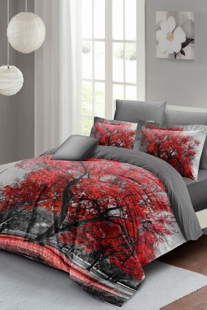 Doppelbett-Bettbezug-Set, eng gewebter Baumwollsatin, 3D-Spezialdesign, roter Baum (ohne Laken), PERLASERA26790 - 1