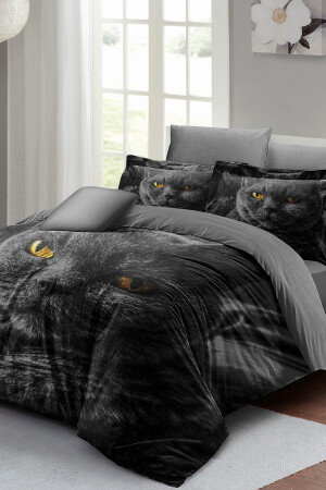 Doppelbett-Bettbezug-Set, eng gewebter Baumwollsatin, 3D-Spezialdesign, Serious Cat, Natur (ohne Laken) PERLASERA31152 - 3