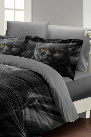 Doppelbett-Bettbezug-Set, eng gewebter Baumwollsatin, 3D-Spezialdesign, Serious Cat, Natur (ohne Laken) PERLASERA31152 - 5