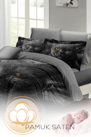 Doppelbett-Bettbezug-Set, eng gewebter Baumwollsatin, 3D-Spezialdesign, Serious Cat, Natur (ohne Laken) PERLASERA31152 - 6