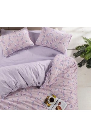 Doppelbett-Bettbezug-Set mit Blumen-Lavendel-Muster, beidseitig verwendbares Bettlaken, einfarbig, Flieder, Doppelbett-Bettbezug-Set - 5