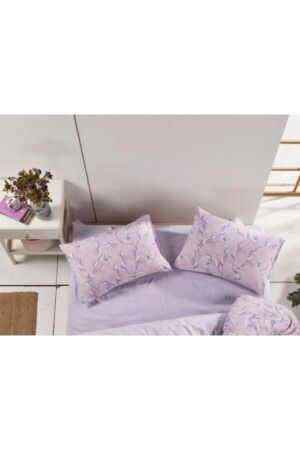 Doppelbett-Bettbezug-Set mit Blumen-Lavendel-Muster, beidseitig verwendbares Bettlaken, einfarbig, Flieder, Doppelbett-Bettbezug-Set - 7