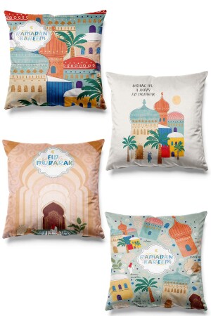 Doppelseitig bedrucktes Ramadan City-Muster, 4er-Set, Wildleder-Kissenbezug, Ramadan Kareem, 43 x 43 - 1