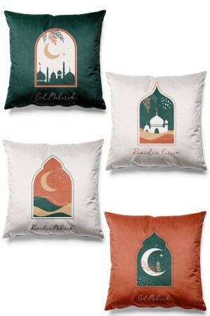 Doppelseitig bedrucktes Ramadan-Kuppelmuster, 4er-Set, Wildleder-Kissenbezug, Ramadan Kareem, 43 x 43 - 1