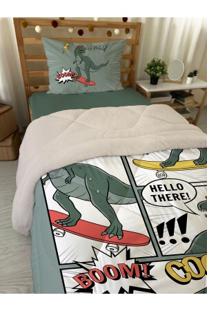 Doppelseitige Steppdecke und Schlafset aus Wellsoft-Silikon mit Dinosaurier-Muster, 160 x 220 cm - 4