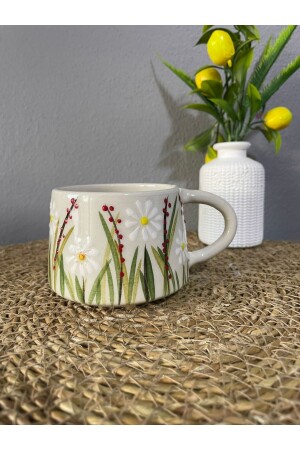 Doppelte Kaffeetasse aus Keramik, weißes Gänseblümchen - 3