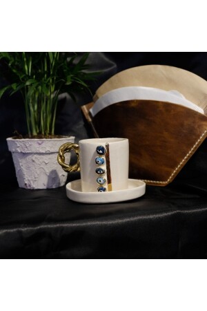 Doppelte türkische Kaffeetasse aus Keramik mit Evil Eye-Perlendekoration, handgefertigt, 24 Karat Gold, nazarboncukdizgi - 2