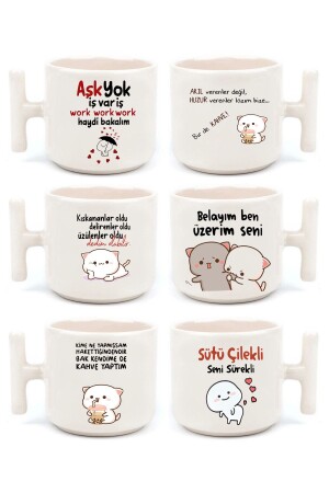 Doppelte türkische Kaffeetasse und Espresso, lustiges Mochi-Katzen-Motto-Set mit 6 handgefertigten Tassen mit T-Griff TKULP0002 - 2