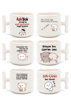 Doppelte türkische Kaffeetasse und Espresso, lustiges Mochi-Katzen-Motto-Set mit 6 handgefertigten Tassen mit T-Griff TKULP0002 - 3