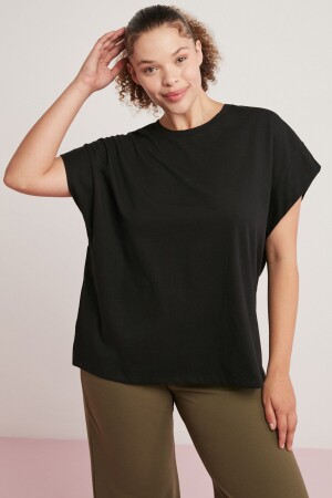 Dory Kadın Yarasa Kol Yuvarlak Yaka 100% Pamuk Siyah Büyük Beden T-shirt - 1