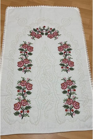 Dowry Canvas Etamine bestickter Gebetsteppich aus 100 % Baumwollleinen, Creme*Rot - 4