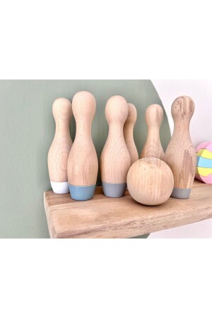 DRABS30122 Waldorf-Bowling-Spielzeug-Set aus natürlichem Bio-Holz, Geschenk für Kinder, Babyzimmer-Dekoration, 7-teilig - 1