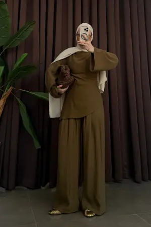 Drape Yaka Asimetrik Takım Olive - Nuuwears