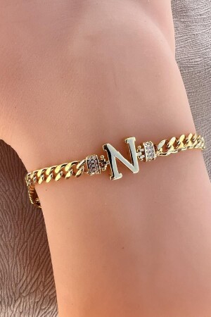 Dreidimensionales Gourmet-Kettenarmband mit Buchstaben „N“ aus vergoldetem Zirkonstein aus Silber und Gold SGTL12300GOLD-N - 3