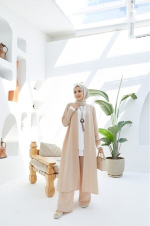 Dreiteiliger Hijab-Leinenanzug in Beige, Modell 452 - 3