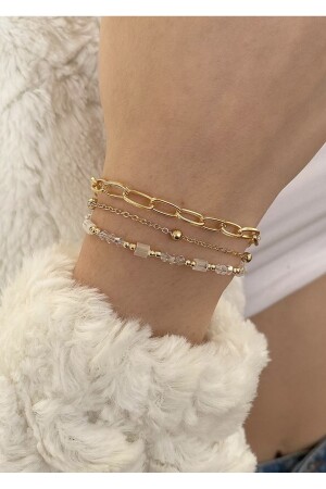 Dreiteiliges goldenes Kettenarmband für Damen mit Würfelkristall - 4