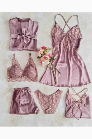 Dried Rose Satin-Morgenmantel und Shorts, 6-teiliges Mitgift-Set 6105 T6105 - 1