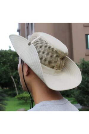 Druckknopf-Panamahut zum Wandern und Jagen (gemasert) (Unisex) (Creme) KBS20220 - Kardelen Butik Denizli