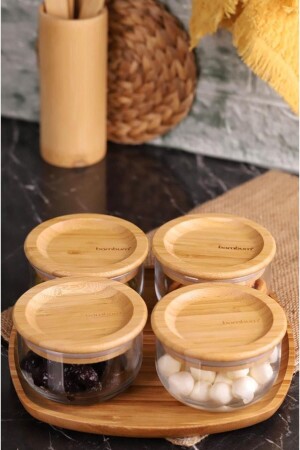Duo 300ml 4'lü Tepsili Bambu Silikonlu Kapaklı Hava Aldırmaz Cam Kahvaltılık Atbyhome0229 - Bambum