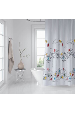 Duş Perdesi Çift Kanat 2x120x200cm Kuş Desenli Banyo Perdesi 16 Adet C Halka Hediyeli - 3