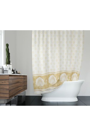 Duş Perdesi Çift Kanat 2x120x200cm Midye Desenli Banyo Perdesi 16 Adet C Halka Hediyeli - Tropikhome