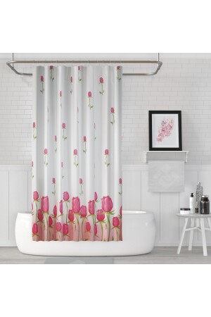 Duş Perdesi Çift Kanat 2x120x200cm Pembe Gül Desenli Banyo Perdesi 16 Adet C Halka Hediyeli - 2