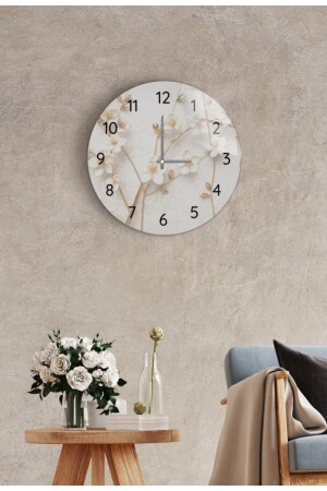 Duvar Saati - Cam - Sessiz Akar - Yapay Güller Çap 27 Cm - Saban