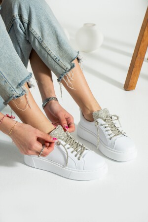 Ecru Ayakkabı Kadın Taşlı Beyaz Sneaker Yüksek Taban Bağcıklı(REST) Taş Detaylı Spor Ayakkabı - 2