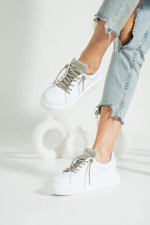 Ecru Ayakkabı Kadın Taşlı Beyaz Sneaker Yüksek Taban Bağcıklı(REST) Taş Detaylı Spor Ayakkabı - 3