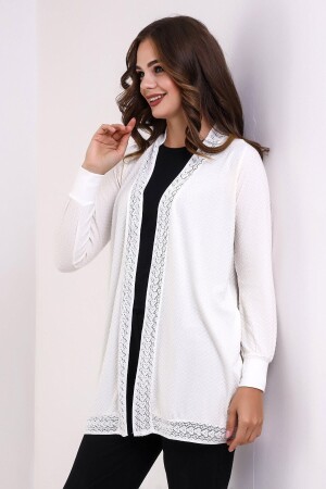 Ecru-italienischer Raglanärmel/Kragen für Damen mit Spitzendetail aus gekämmter Baumwolle, flexibler langer Cardigan, Kaftan, Hijab und Hijab-Cardigan - 1