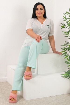 Ecru Mint besticktes Kurzarm-Pyjama-Set für Damen in großen Größen Pmtk25513 - 1