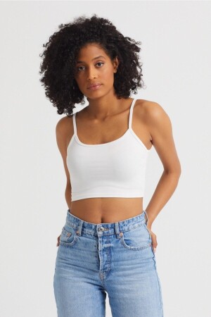 Ecrufarbenes Crop-Top für Damen aus Scuba-Stoff mit Seilträgern - 1