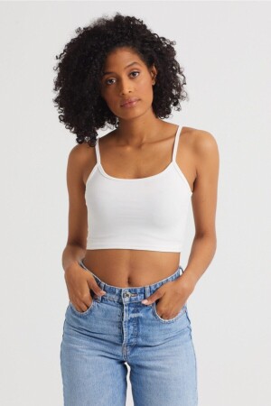 Ecrufarbenes Crop-Top für Damen aus Scuba-Stoff mit Seilträgern - 3