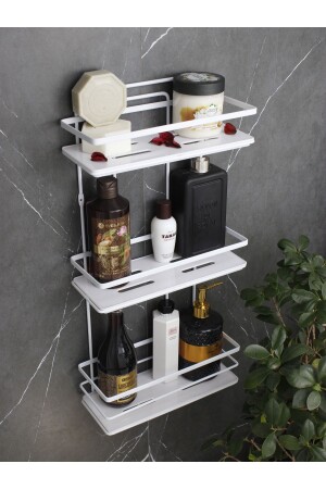 Edelstahl-Dreifach-Badezimmer- und Kosmetik-Organizer mit Kristallablage, weißes Badezimmerregal, selbstklebender Shampoo-Halter HMY-LŞ03B - 2