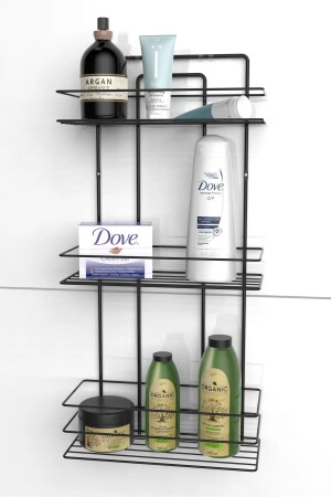 Edelstahl-Kleberegal mit 3 Ebenen, Badezimmer-Duschkabine, Organizer, Shampoo-Halter, Duschregal, Schwarz - 1