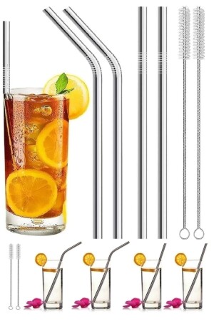 Edelstahl-Metall-Softdrink-Strohhalm und Trinkhalm-Reinigungsbürsten-Set, 6-teilig - 2