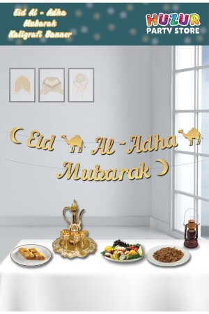 Eid Al - Adha Mubarak Banner mit schriftlicher Kalligraphie in Goldfarbe, 230 x 20 cm, Eid al-Adha-Hängeornament - Huzur Party Store