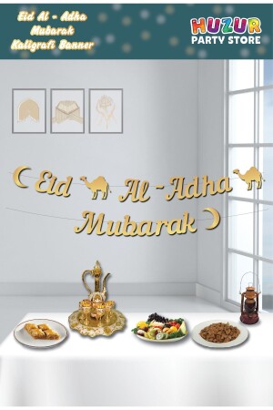 Eid Al - Adha Mubarak Yazılı Kaligrafi Banner Gold Altın Renkli 230x20 Cm Kurban Bayramı Asılan Süs - 1