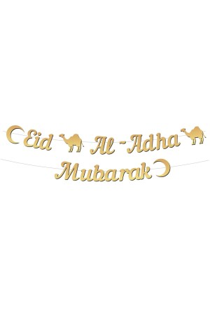 Eid Al - Adha Mubarak Yazılı Kaligrafi Banner Gold Altın Renkli 230x20 Cm Kurban Bayramı Asılan Süs - 2