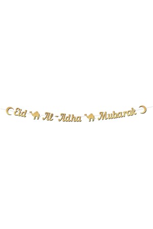 Eid Al - Adha Mubarak Yazılı Kaligrafi Banner Gold Altın Renkli 230x20 Cm Kurban Bayramı Asılan Süs - 3
