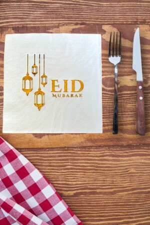 Eid Mubarak Yazılı Gold Yaldızlı Peçete 16lı 16x16 Cm Altın Varaklı Ramazan Bayram Temalı Dini Süsü - Huzur Party Store